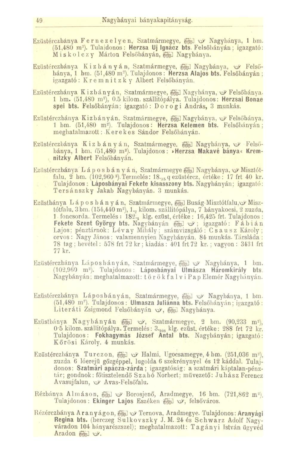 49 Nagybányai bányakapitányság. Ezüstérczbánya Fernezelyen, Szatmármegye, fej KP Nagybánya, 1 bm. (51,480 m-). Tulajdonos: Herzsa Uj Ignácz bts.