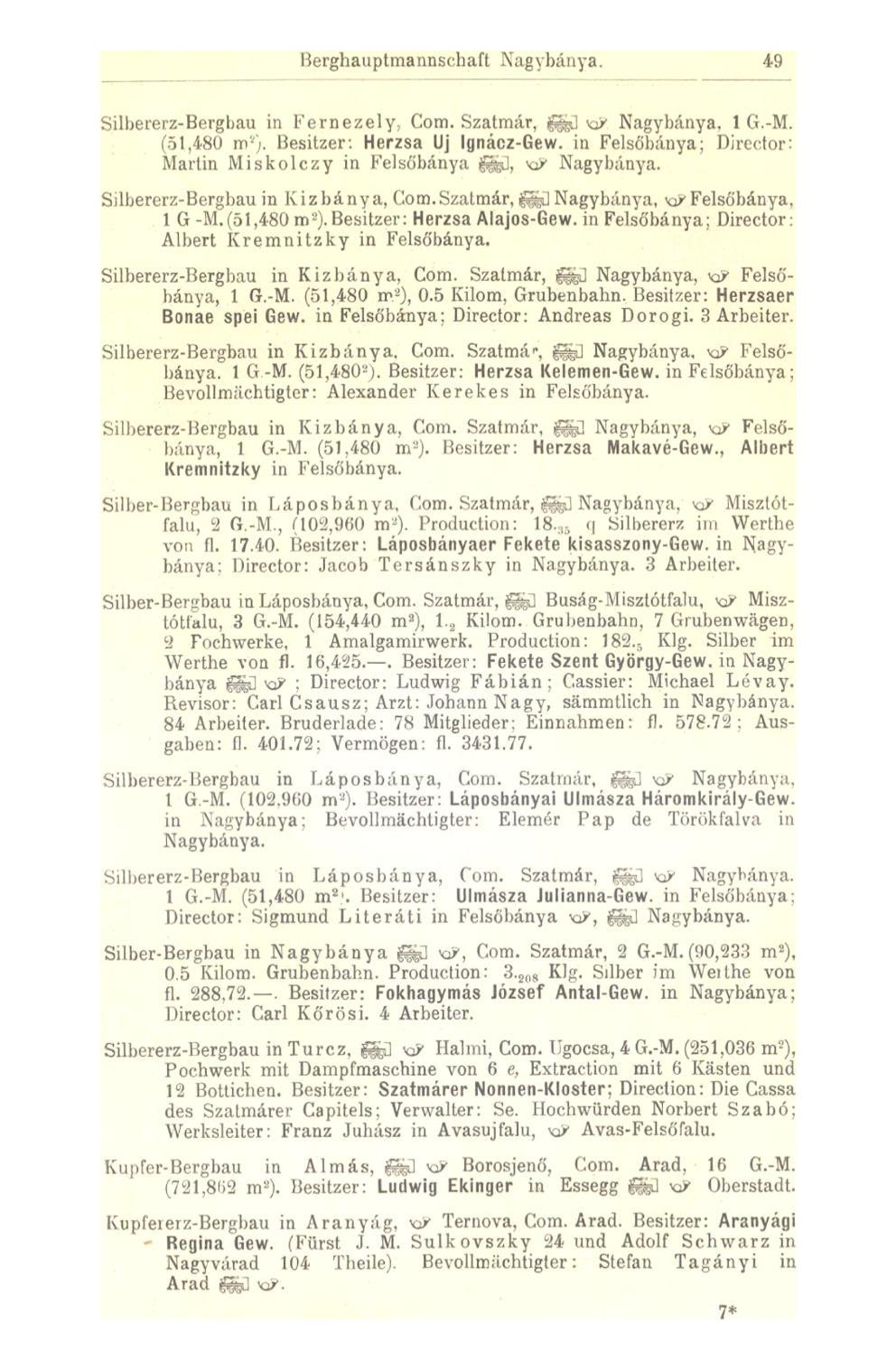 Berghauptmanns eh a f t Nag y bán y a. 49 Silbererz-Bergbau in Fernezely, Com. Szatmár, fed KP Nagybánya, 1 G.-M. (51,480 m v ). Besitzer: Herzsa Uj Ignácz-Gew.