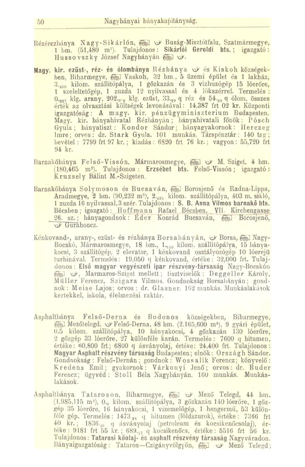 50 Nagybányai bányakapitányság. Bézérczbánya N agy-sikárlón, feű <a? Buság-Misztótfalu, Szatmármegye, 1 bm. (51,480 m). Tulajdonos: Sikárlói Geroldi bts.