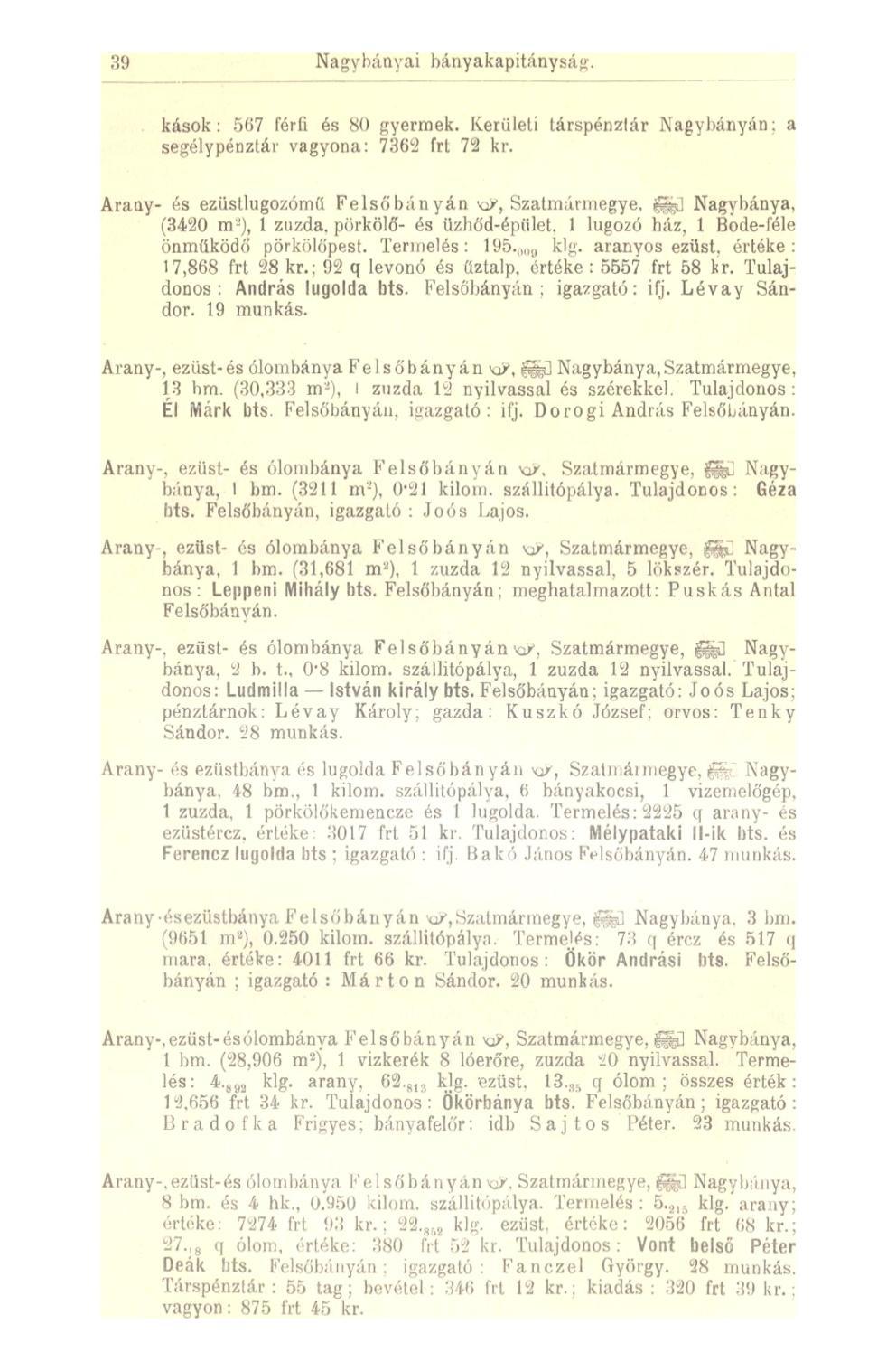 ,39 Nagybányai bányakapitányság. kasok: 567 férfi és 80 gyermek. Kerületi társpénzlár Nagybányán: a segély pénztár vagyona: 7362 frt 72 kr.