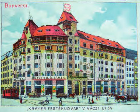 E múlt század elejei litográfia képeslap a Krayer cég budapesti központját, az ún. Krayer festékudvart ábrázolja.