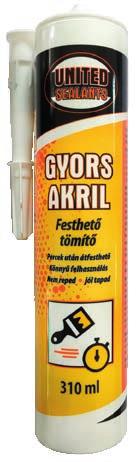 TÖMÍTŐMASSZÁK TÖMÍTŐMASSZÁK Akril Festhető tömítő 280ml Jó minőségű, fehér színű, plasztoelasztikus, egykomponensű, akril diszperzió bázisú tömítő.