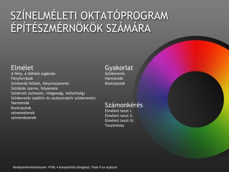 A saját fejlesztésű multimédiás színtani oktatóprogramunk lehetőséget biztosít az alapvető, különböző tudományterületekről származó színtani ismeretek elsajátítására, megértésére, rendszerezésére, az