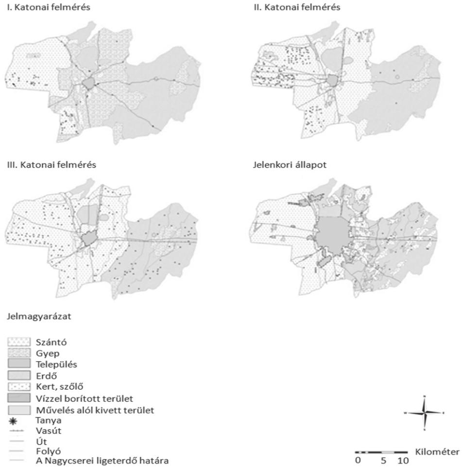 1. ábra. A vizsgálati területre létrehozott térképi adatok az I., II. és III. Katonai Felmérés, ill.