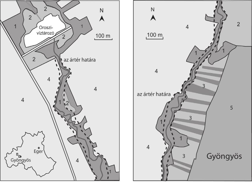 1. ábra. A Toka-patak árterének szerkezete a felső szakaszon, Gyöngyösoroszi alatt (a) és az alsó szakaszon, Gyöngyös határában (b).