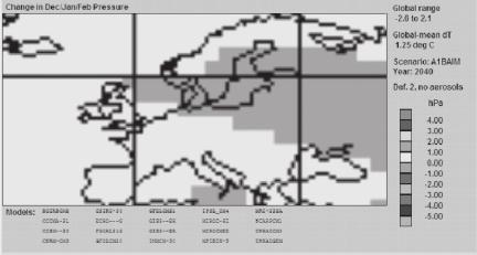 A légnyomás változása és ennek szignifikancia szintje TÉL (A1B_ 2030-2049) A1B, állandó aeroszol A légnyomás változása és ennek szignifikancia szintje NYÁR (A1B: 2030-2049) A1B,