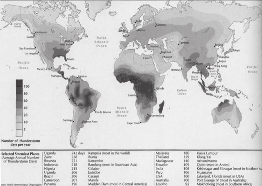 2. ábra. A zivataros napok átlagos száma évente (Burt, Ch. C. 2007, WMO adatok alapján) 3.
