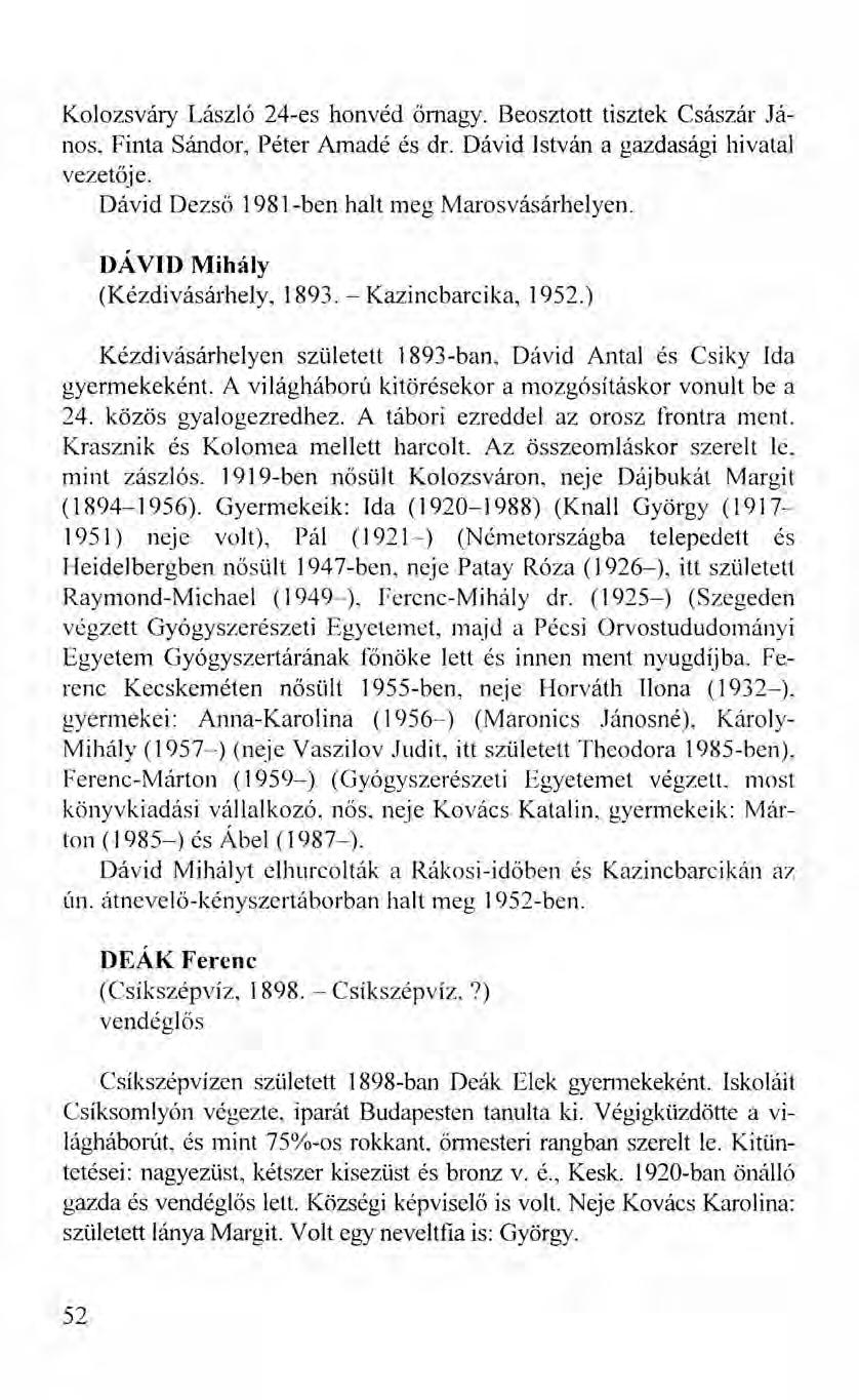 Kolozsváry László 24-es honvéd őrnagy. Beosztott tisztek Császár János, Finta Sándor, Péter Amadé és dr. Dávid István a gazdasági hivatal vezetője. Dávid Dezső 1981-ben halt meg Marosvásárhelyen.