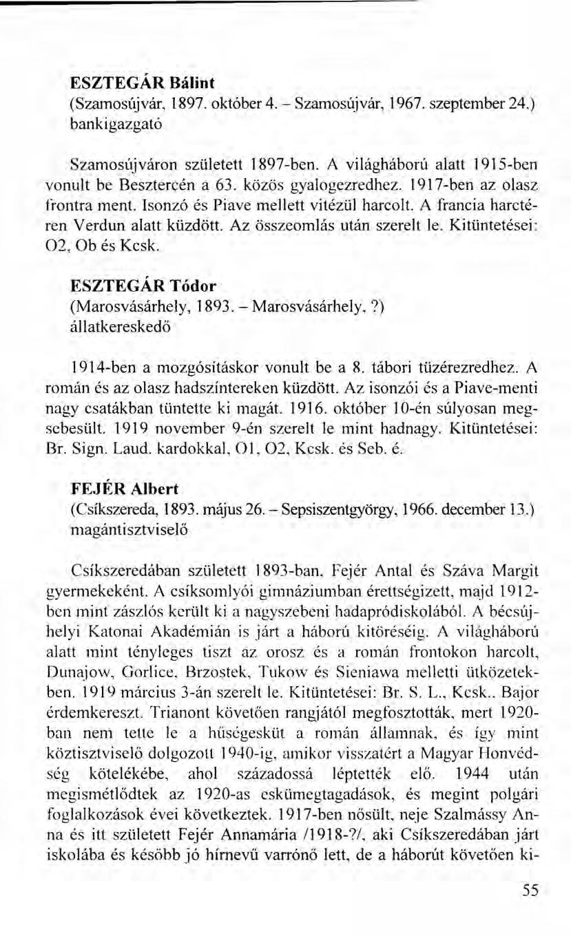 ESZTEGÁR Bálint (Szamosújvár, 1897. október 4. - Szamosújvár, 1967. szeptember 24.) bankigazgató Szamosújváron született 1897-ben. A világháború alatt 1915-ben vonult be Besztercén a 63.