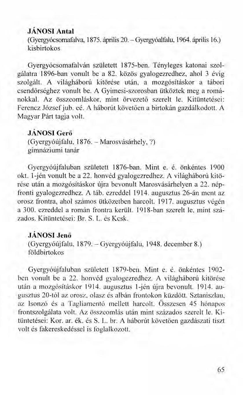 JÁNOSI Antal (Gyergyócsomafalva, 1875. április 20. - Gyergyóalfalu, 1964. április 16.) kisbirtokos Gyergyócsomafalván született 1875-ben. Tényleges katonai szolgálatra 1896-ban vonult be a 82.