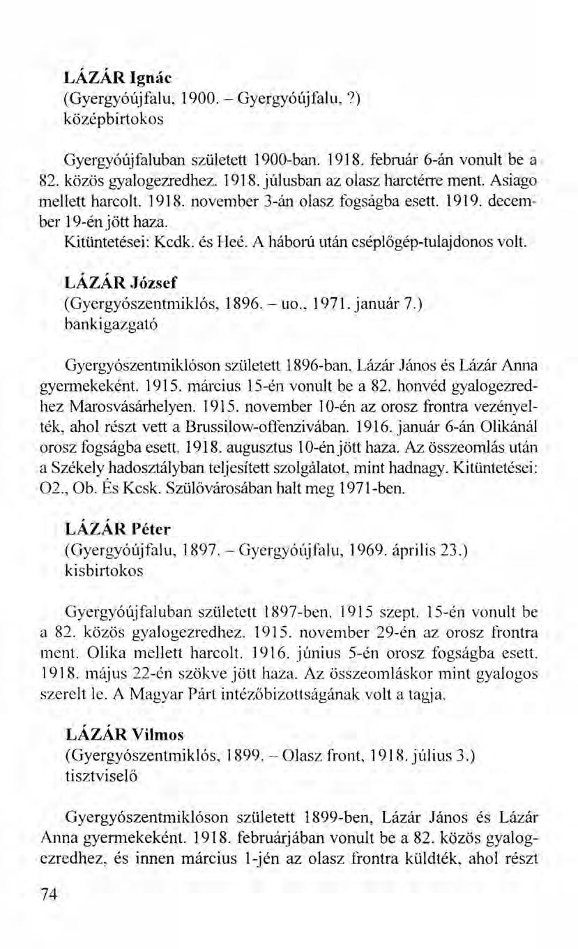 LÁZÁR Ignác (Gyergyóújfalu, 1900. - Gyergyóújfalu,?) középbirtokos Gyergyóújfaluban született 1900-ban. 1918. február 6-án vonult be a 82. közös gyalogezredhez. 1918. júlusban az olasz harctérre ment.