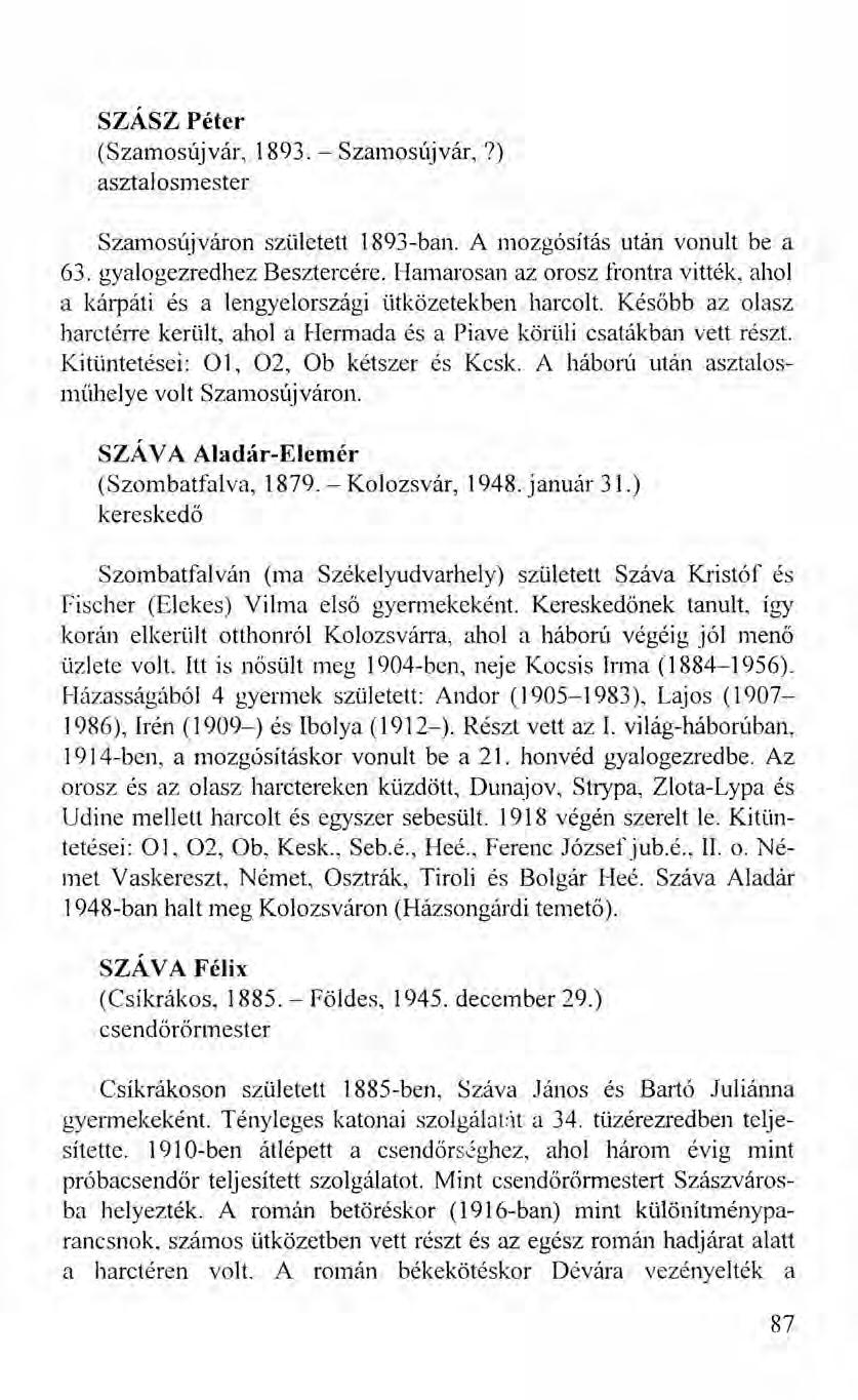 szxsz Péter (Szamosújvár, 1893. - Szamosújvár,?) asztalosmester Szamosújváron született 1893-ban. A mozgósítás után vonult be a 63. gyalogezredhez Besztercére.