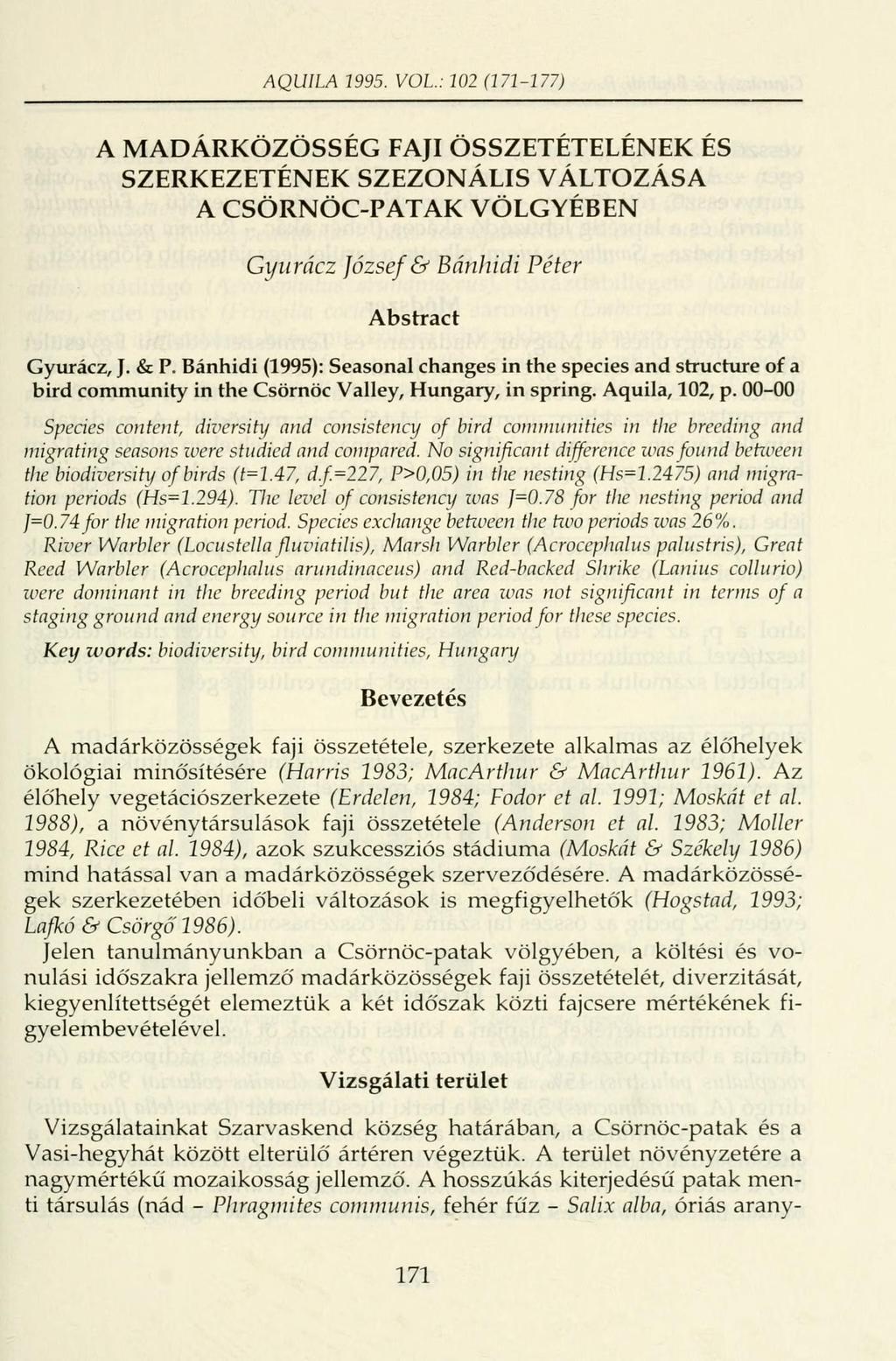 AQUILA 1995. VOL.: 102 (171-177) A MADÁRKÖZÖSSÉG FAJI ÖSSZETÉTELÉNEK ÉS SZERKEZETÉNEK SZEZONÁLIS VÁLTOZÁSA A CSÖRNÖC-PATAK VÖLGYÉBEN Gyurácz József & Bánhidi Péter Abstract Gyurácz, J. & P.