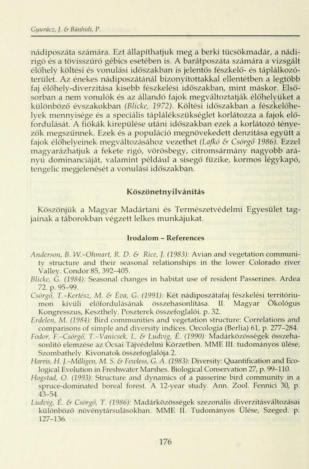 Gyurácz, }. & Bánhidi, P. nádiposzáta számára. Ezt állapíthatjuk meg a berki tücsökmadár, a nádirigó és a tövisszúró gébics esetében is.