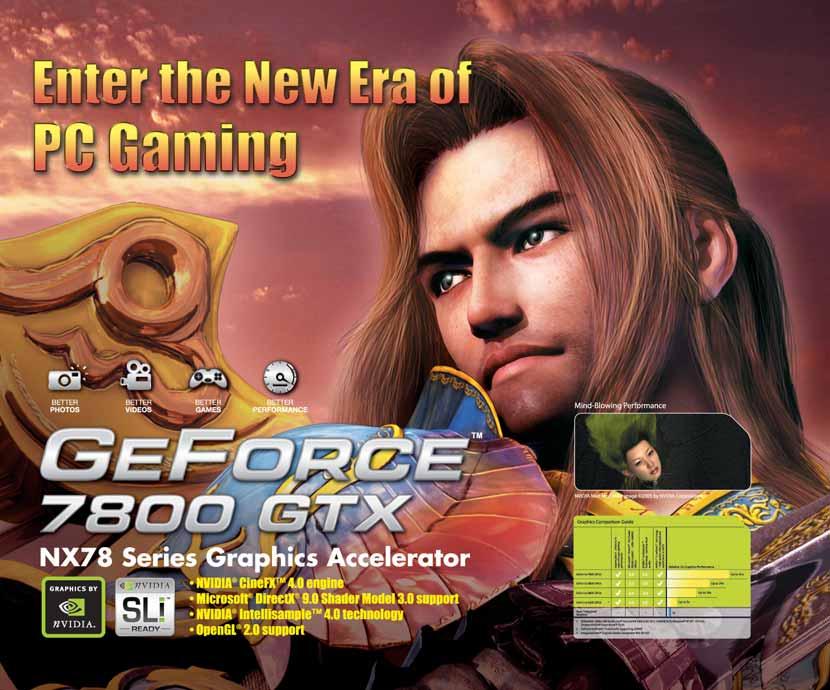 NVIDIA GeForce 7800GTX NVIDIA Dual GeForce 6600 GV-3D1-XL ATi RADEON X800XL GV-RX80L256V GV-NX78X256V-B Powered by NVIDIA GeForce 7800GTX VPU Supports PCI Express and 24 pipelines Microsoft DirectX 9.