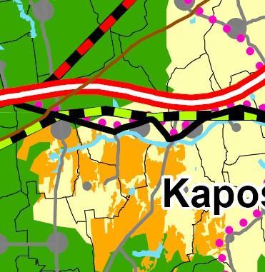 érintett együtt tervezhető térségek övezete kiemelt fontosságú meglévő honvédelmi terület övezete érinti nem érinti Kaposvárral együttes OTrT szerkezeti tervének részlete Az OTrT-ben szereplő