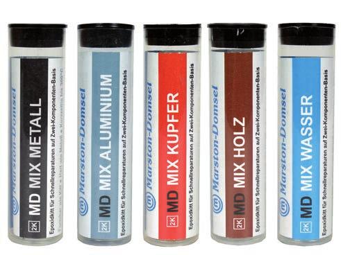 MD MIX Epoxigyanta javítókészlet Az MD-mix hibás fúrások, repedések és kitört menetek kijavítására használható fémben, fában és műanyagban.