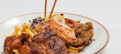 Vegyes tálak GEMISCHTE PLATTEN Rántott hús-tál chips burgonyával, rizzsel A, C Schnitzelplatte mit Chips und Reis 2.850 FT Grill-tál chips burgonyával (s.karaj, s.szűz, oldalas) I 2.