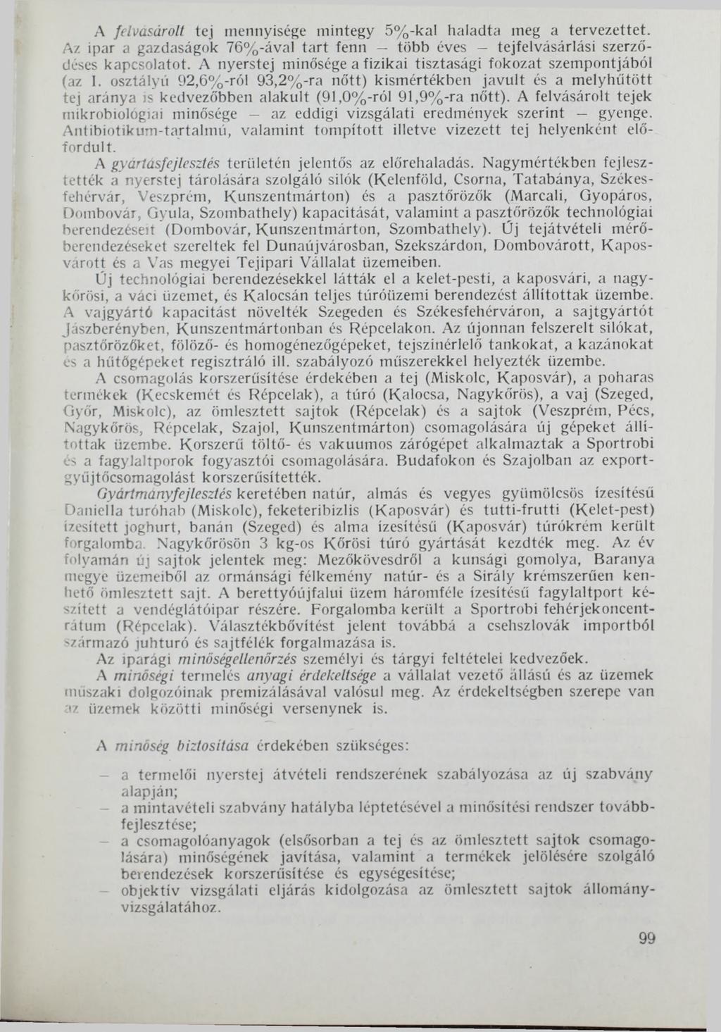 A felvásárolt tej mennyisége mintegy 5%-kal haladta meg a tervezettet. Az ipar a gazdaságok 76%-áva! tart fenn több éves tejfelvásárlási szerződéses kapcsolatot.
