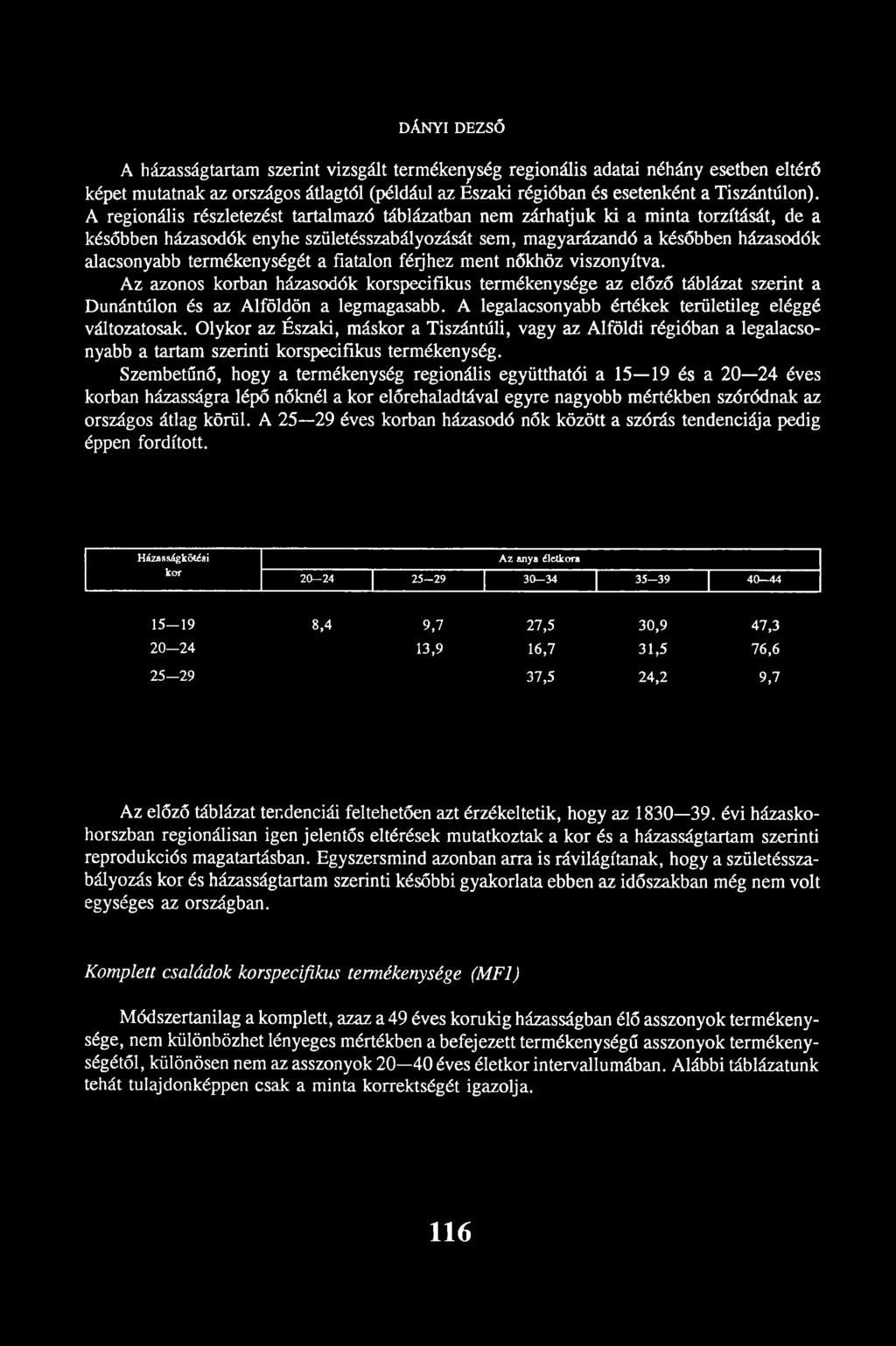termékenységét a fiatalon férjhez ment nőkhöz viszonyítva. Az azonos korban házasodók korspecifikus termékenysége az előző táblázat szerint a Dunántúlon és az Alföldön a legmagasabb.