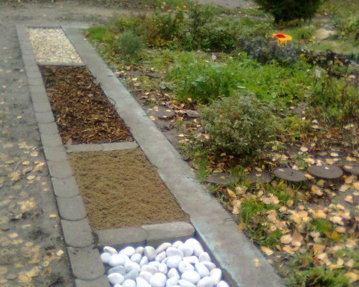 ÉRZÉKELŐ ÖSVÉNY A kert körül többféle anyaggal töltöttük fel a részeket, homok, kő, kavics, fű,