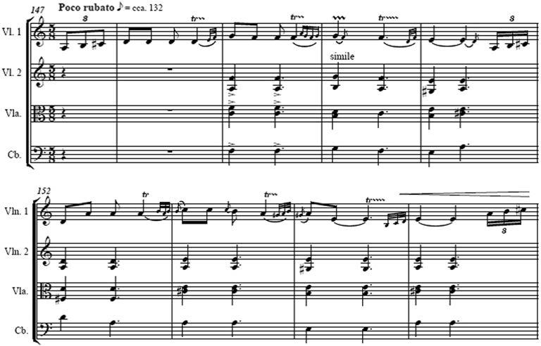 Birtalan József Széki rapszódia A fennebb látott, 3. sz. példa dallamának sokkal egyszerűbben díszített változata harmonikus kísérettel látható a 7. sz. példában.