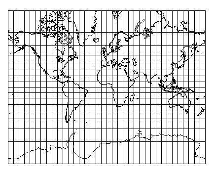 1.8. ábra: Mercator vetülete A konvencionális hengervetületek változatos megjelenésűek, a katonai és polgári topográfiai és