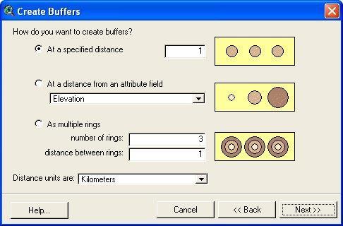 12.19. ábra: A pufferzóna létrehozásának második ablaka A pufferzóna létrehozásának harmadik ablakában (12.20. ábra) megadható a pufferzóna jellege: 1. Dissolve barriers between buffers?