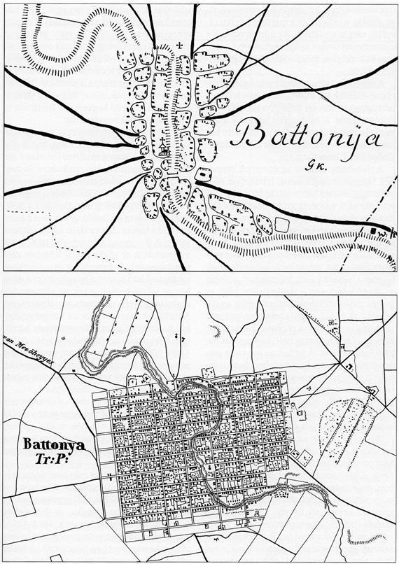1.32. ábra: Battonya területének ábrázolása az első és a második katonai felmérési térképen 2.9.1.3. Magyarország harmadik katonai felmérése (ferencjózsefi térkép) (1872 1884) A térképek már a