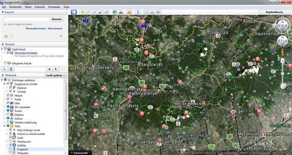 2.11. ábra: A Google Earth (Google Föld) ablaka különböző rétegekkel és oldalsávval 2.12. ábra: A mintaterület megfelelően beállított műholdas képe (Google Earth) 3.4.