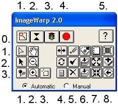 a bal felső ikon a 0/1 jelölést kapja gombok különböző méretéből származó elcsúszás miatt a felső oszlopszámozás csak a 0. sorra vonatkozik, az alsó az 1-3. sorra. 2.22. ábra: Az ImageWarp 2.