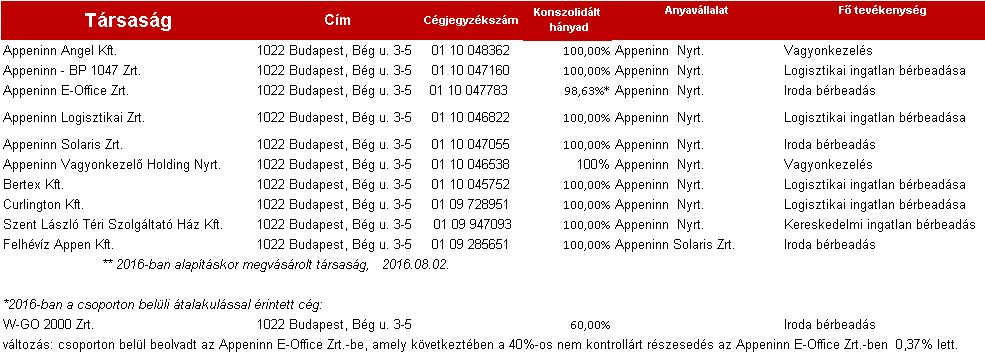 A Társaság fő tevékenysége a Társaság leányvállalatai tulajdonában lévő irodaházak, kereskedelmi ingatlanok, raktárak és más ingatlanok bérbeadása, valamint ezen ingatlanok