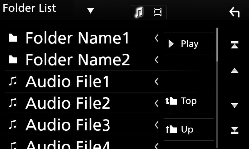 1 Érintse meg a [Folder List] lehetőséget. 2 Válassza ki, hogy a keresés audiofájlok vagy videófájlok alapján történjen-e. 3 Érintse meg a kívánt kategóriát.