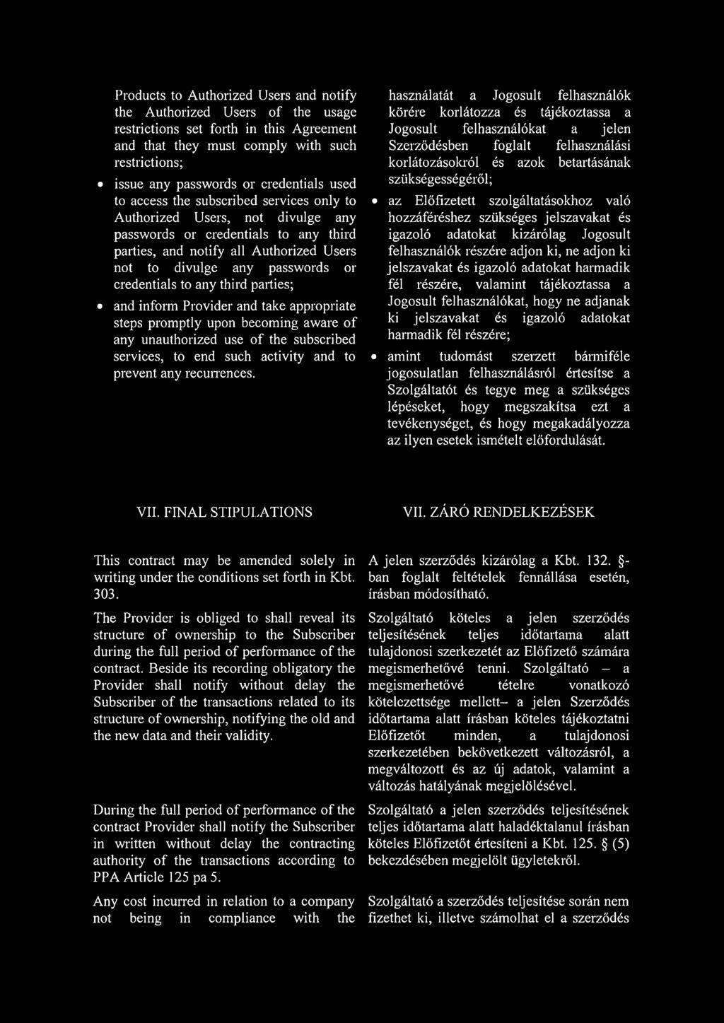 credentials to any third parties; and inform Provider and take appropriate steps promptly upon becoming aware of any unauthorized use of the subscribed services, to end such activity and to prevent