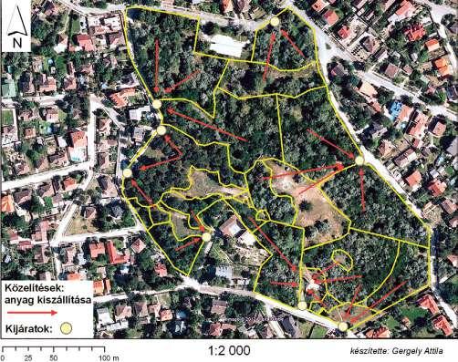 Inváziós és egyéb adventív fás szárú fajok irtásának tervezése és kivitelezése a csepeli Tamariska-dombon 3. ábra.: Kezelési egységek és közelítő útvonalak a Tamariska-dombon 2012-ben.