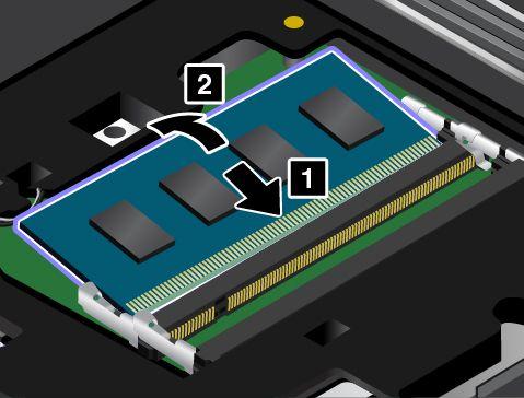 5. Helyezze be az új memóriamodult a memóriahelyre 1 kb. 20 fokos szögben a memóriamodul rovátkás végével a memóriahely érintkezőfelülete felé. Hajtsa le a memóriamodult, amíg a helyére nem pattan 2.