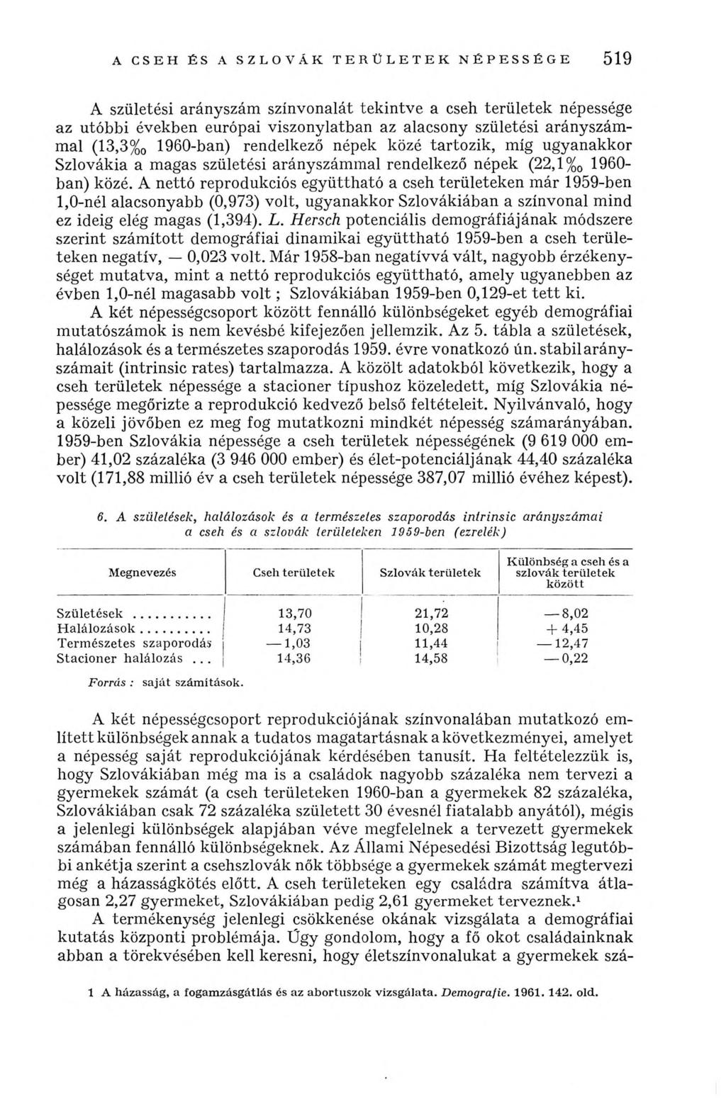 A CSEH ÉS A SZLOVÁK T E R Ü L E T E K N ÉPESSÉGE 519 A születési arányszám színvonalát tekintve a cseh területek népessége az utóbbi években európai viszonylatban az alacsony születési arányszámmal