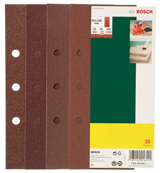 BOSCH Promoline katalógus 2014 26 rezgőcsiszolóhoz, 60-as, 80-as, 120-as, 240-es Szorítókengyeles Lyuggatás nélküli 93 x 230 mm 5 darab 60 5 darab 80 5 darab, : 120 10 darab, : 240 rezgőcsiszolóhoz,