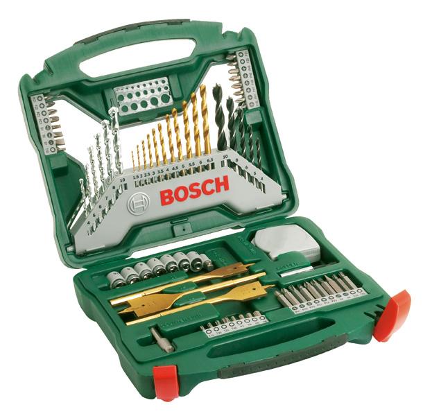 BOSCH Promoline katalógus 2014 07 50 részes X-Line készlet, titán 65 részes X-Line készlet 11 HSS-TiN fémfúró Ø 1,5-6,5 mm 6 HM kőzetfúró Ø 4-10 mm 5 fafúró Ø 4-10 mm 2 lapos marófúró, titán Ø 16/22