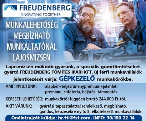 Telefon: +36 30 630 1659 KIEMELKEDŐ kereseti lehetőséggel keresünk Nyugat-Dunántúlra betanított dolgozókat. Nettó kereset 180E és 260E Ft között.