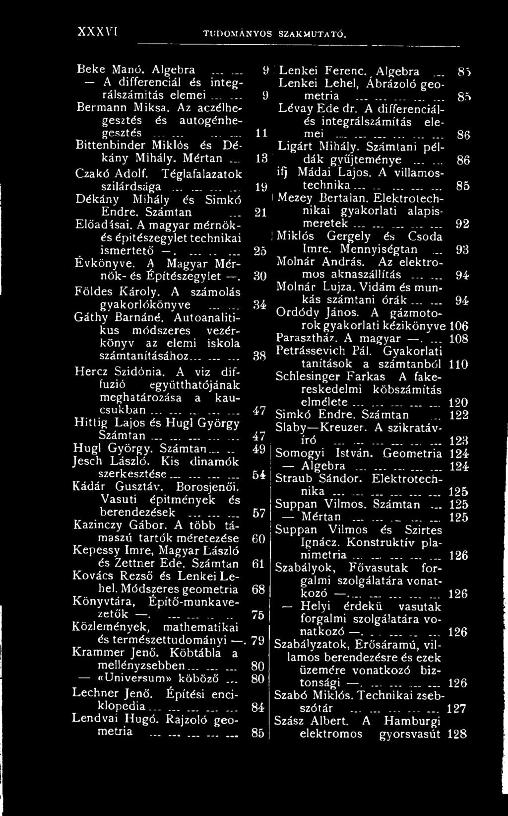 ..... 54 Kádár Gusztáv. Borosjenői, Vasúti építmények és berendezések... 57 Kazinczy Gábor, A több támaszd tartók méretezése 60 Kepessy Imre, Magyar László és Zettner Ede.