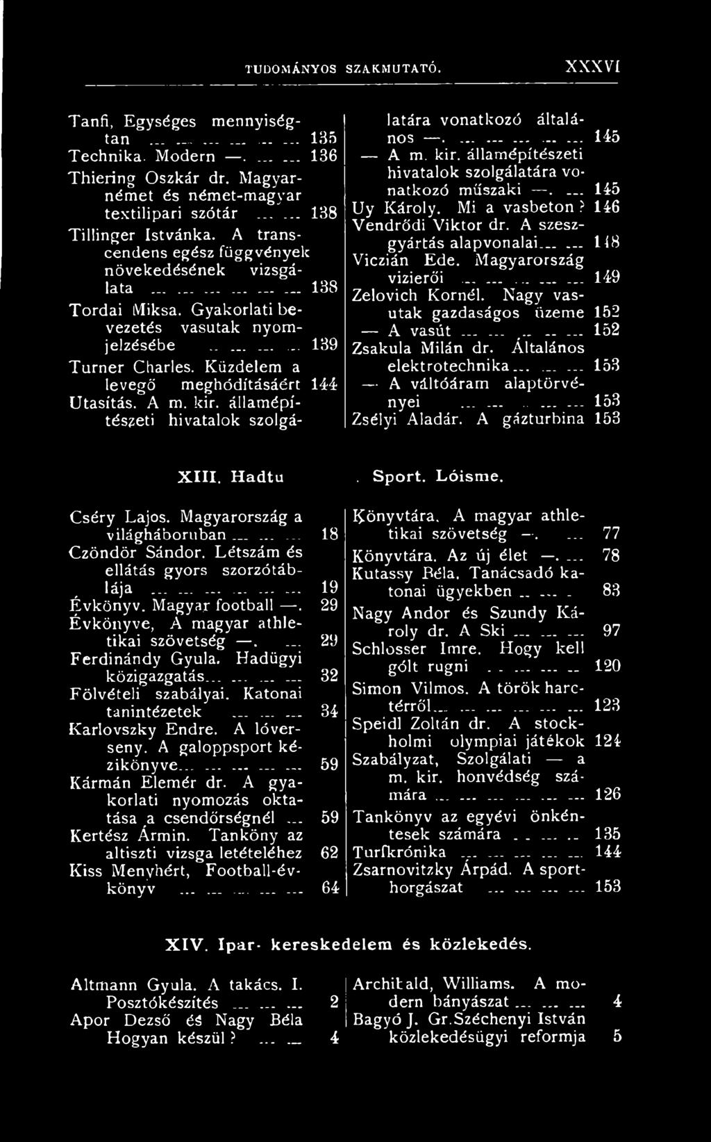 .....,....... 152 Zsakula Milán dr. Általános elektrotechnika......... 153 A váltóáram alaptörvényei......... 153 Zsélyi Aladár. A gázturbina 153 XIII. Hadtu. Sport. Lóisme. Cséry Lajos.