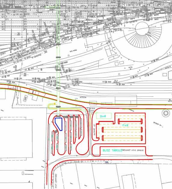 3-8 ábra: Az autóbusz pályaudvar elhelyezése vázlatrajz Déli oldal Értékelés: Az átszállási távolságok nagyon hosszúak. A buszpályaudvartól a vasúti peronok átlagosan kb.