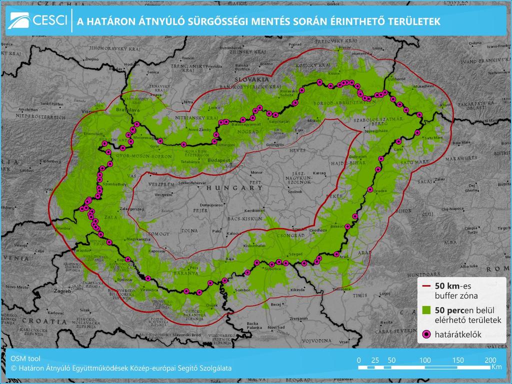 1. térkép: A határon átnyúló sürgősségi mentés során érinthető területek Az ábrán kirajzolódik, hogy a határátkelési pontoktól légvonalban számított 50 km-es távolságok egy összefüggő sávot