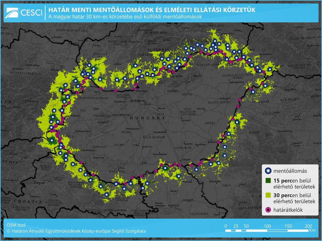 3. térkép: A szomszédos országok határ menti mentőállomásai és elméleti ellátási körzetük A térképekről jól leolvasható, hogy magyar oldalon viszonylag egyenletes a határtérség mentőállomásainak