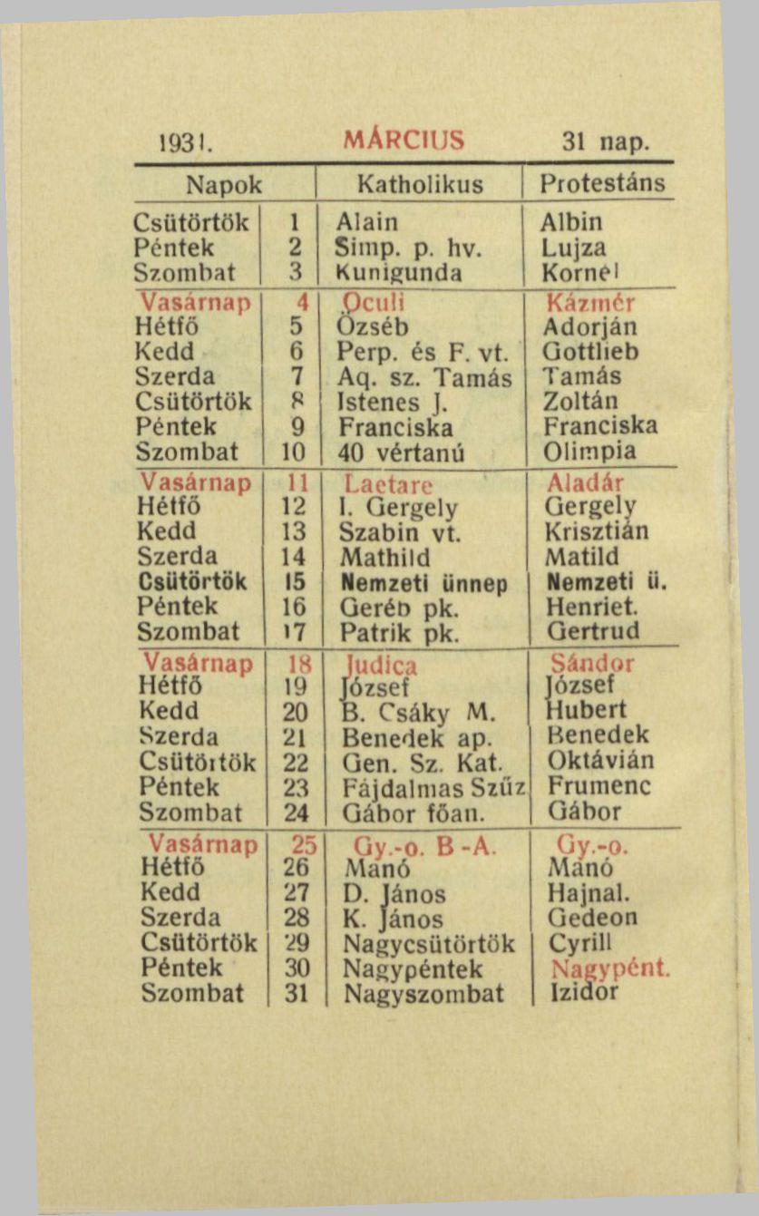 1931. MÁRCIUS 31 nap.