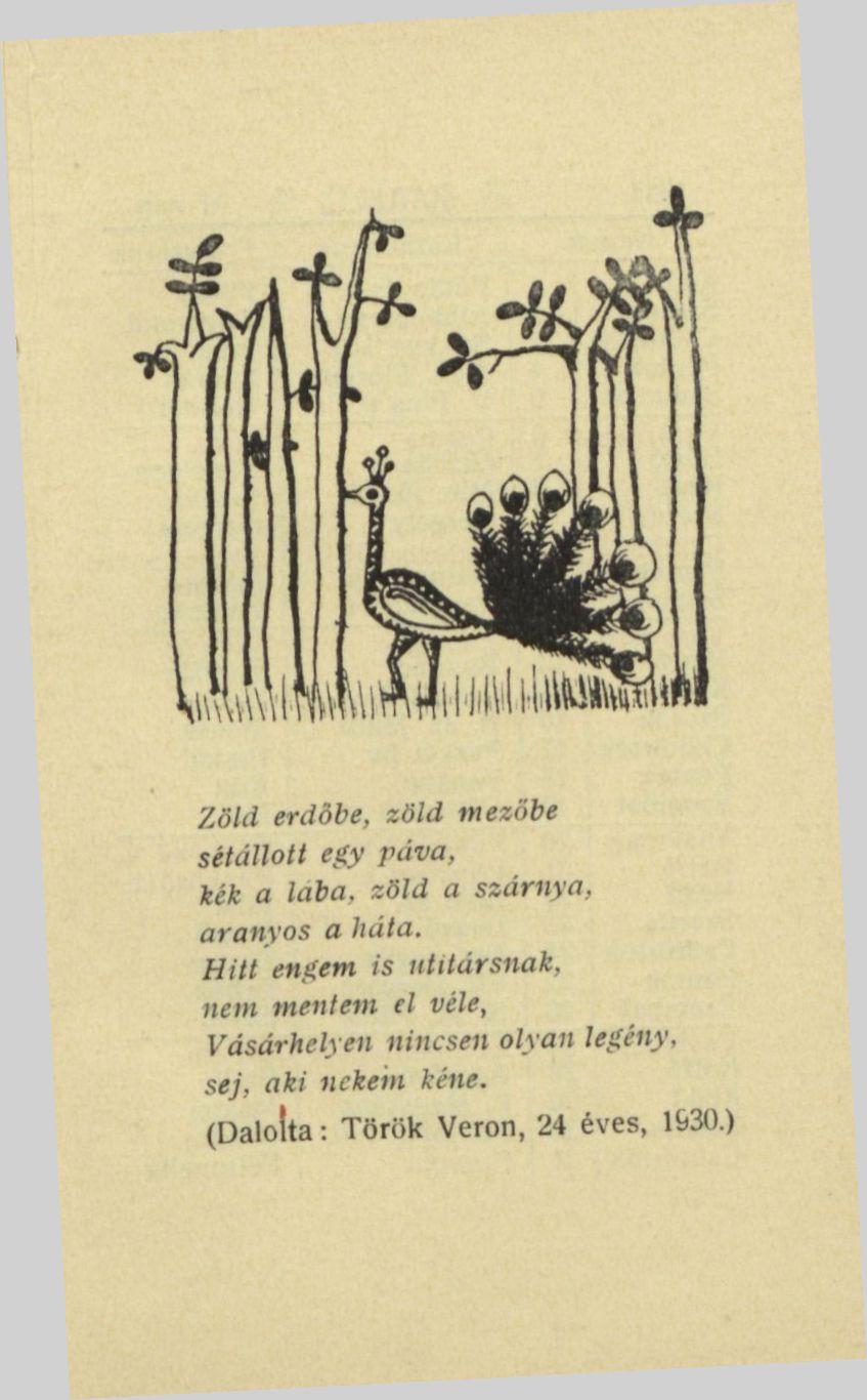 Zöld erdőbe, zöld mezőbe sitállott egy páva, kék a laba. zöld a szárnya, aranyos a liála.
