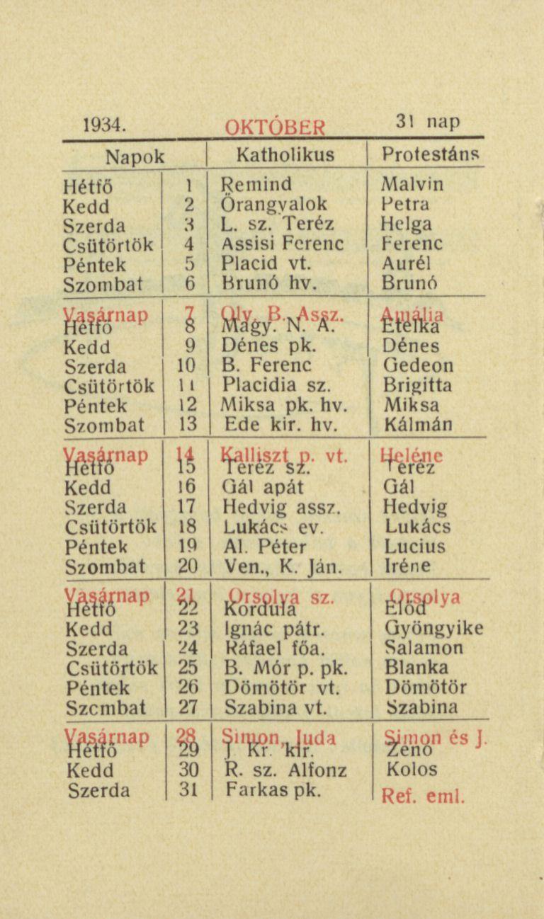 1934. OKTÓBER 31 nap Napok Katholikus Protestáns Hétfő Szombat Mí n a p Szombat M5 nap Szombat Mí n a p Szcmbat Mr a p 1 2 3 4 5 6 l 9 10 11 12 13 14 16 17 18 19 20 & 23 24 25 26 27 1 30 31 Remind