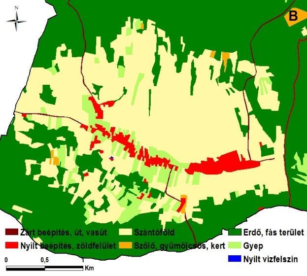 E tengely két oldalán elhelyezkedő házak végében főként gyepeket találunk. A településeket övező gyepsáv után kisparcellás, kb.