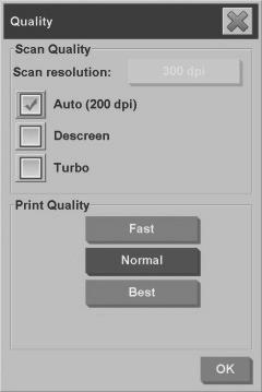 2. Nyomja meg a Scan resolution (Beolvasási felbontás) gombot. Megjelenik a Quality (Minőség) párbeszédpanel. Alapvető műveletek 3.